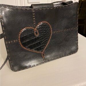 Brighton Black Leather Heart Applique Shoulder Bag Vintage Boho Purse